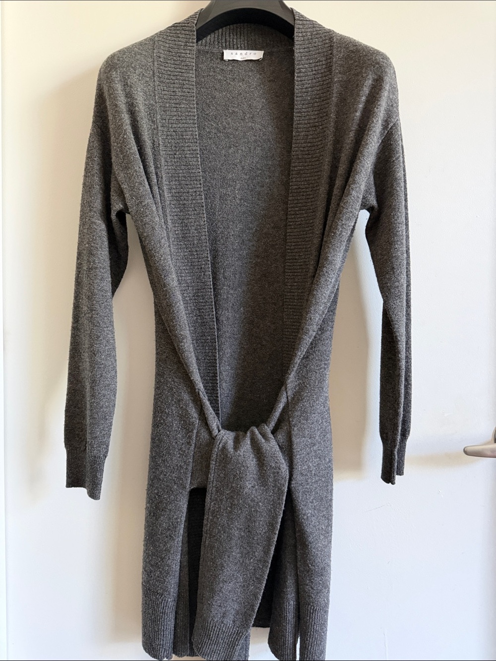 Sandro Charcoal Tie-Front Long Knit Cardigan 95% Wool 5% Cashmere Sz 2 (Sz M)